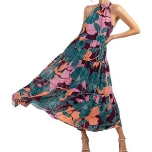 Trina Turk NWT Sunglasses Maxi Dress Tropical Print Teal,Pink,Tangerine Sz M